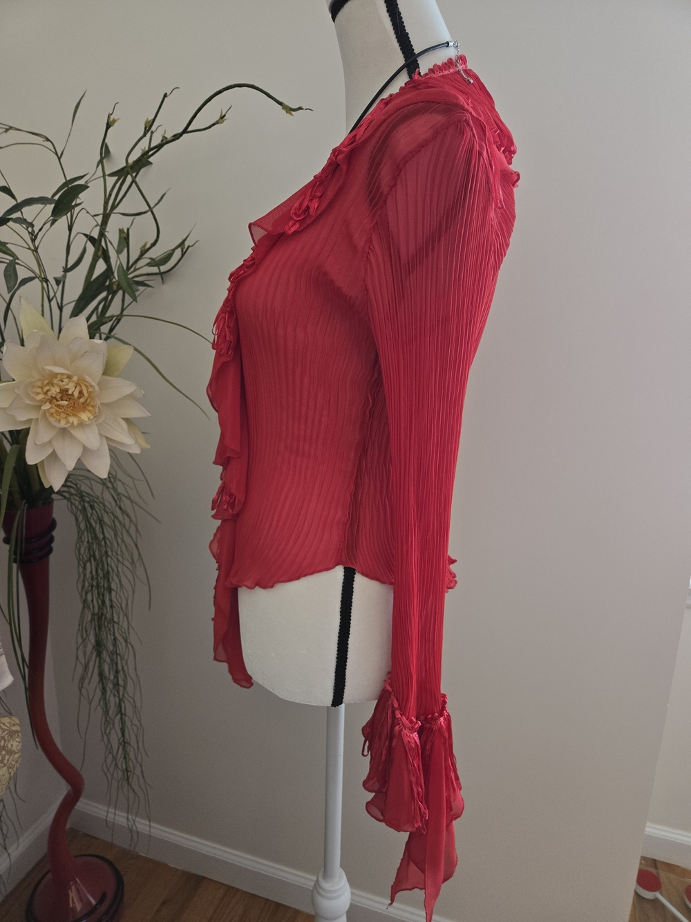 Red Ruffle-Trim V-Neck Blouse - Picture 4 of 11